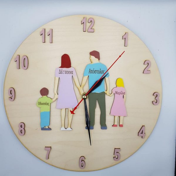 Ρολόι τοίχου για την οικογένεια  30 εκατοστά ξύλινο προϊόν, βαμμένο στο χέρι με φυσικά χρώματα  Διαλέξτε την οικογένειά σας 